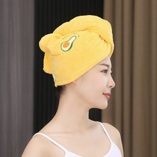 珊瑚絨乾髮帽造型刺繡款，吸水速乾髮巾，前附固定扣，多色可選 (63*25cm), 黃色, 1個