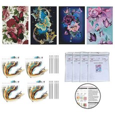 [ 1242678 ] 4팩 스탬프 십자수 키트 꽃 나비 지구 카운트 초보자 성인용 다양한 키트 바느질 공예 자수 장식 30.5cm x 40.6cm(12 16인치), [ 1242678 ] 4팩 스탬프 십자수 키트, 꽃 나