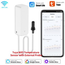 WiFi 외부 프로브 온도 및 센서 APP 원격 스마트 홈 모니터 Alexa Google Tuya Smart Life와 함께 작동, 01 아이보리, 1개