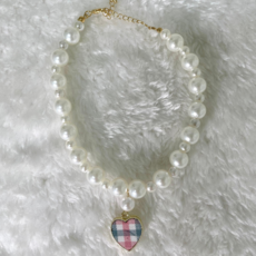 데뎅 반려동물 고급진 수제 체크 하트 진주 목걸이, 핑크블루, 1개