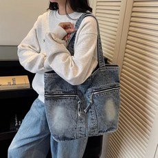 투니스 여성 트렌디 빈티지 데님 토트 숄더백