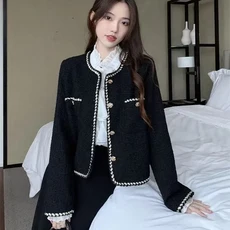 SAHINER 여성 봄 트위드 자켓 라운드넥 미니멀 클래식 스타일 BWT31