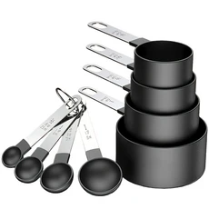 건조/습식 재료용 스테인리스 스틸 계량컵 8종 세트 티스푼 포함(195g), 01 Eight pieces., 01 Black-8Pcs