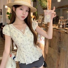 투니스 여성 슬림 웨이스트 브이넥 슬림핏 레이스 프릴 플라워 반소매 티셔츠