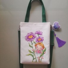 手工DIY十字繡背包 生辰花女孩款 手提斜挎包自製材料包, 三月黃水仙,無印花自己繡自己縫亞麻色, 1個