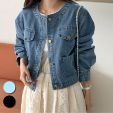 핏몬 여성 데님 노카라 세미크롭 청 자켓