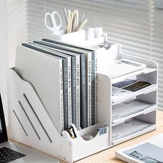 Market Plan 桌上型A4文件四層收納架+小收納盒+直立文件架, 白色, 1組