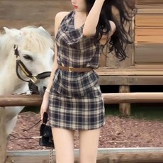 여성 여름 체크 미니 원피스 세트 데일리 민소매 캐주얼 슬림핏