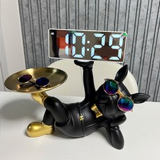 플랜와이 불독 LED 시계 인테리어 트레이 악세사리 소품 보관함 집들이 선물, 블랙