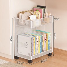 꾸꾸상점 2단계단식책꽂이 수납 책장 선반 바퀴, 1단, 화이트 2단 40cm 이동식 - 조밀한 망