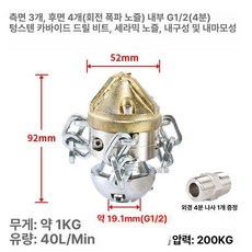 강력 하수구노즐 청소 고압 스텐 배관 세척 회전 압력, 기본 모델명/품번, 평면 40L 200KG 3 4 G1 1KG