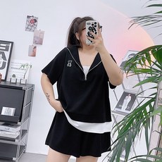大尺碼運動休閒套裝女夏季，寬鬆海軍領短袖短褲兩件套，S-8XL大尺碼300斤