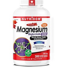 캐나다 킬레이트 마그네슘 | 뉴트리돔 눈떨림완화 마그네슘 비스글리시네이트 200mg 120캡슐 300캡슐 | 캐나다 직구 영양제 카포리아, 1개, 300정