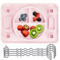 STARTURFLYU 강력한 흡착 아기 플레이스 매트 실리콘 유아용 접시 장난감 스트랩 4개 및 벗겨짐 방지 디자인 식기 세척기 사용 가능 의자 비행기 LED 이유식, 핑크, 1