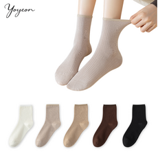 여성용 겨울 고급 순면 데일리 골지 중목양말 5켤레 세트