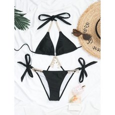 比基尼泳衣 鑽石海星貝殼比基尼 五色綁帶 閃亮墜飾實拍, (e70) 黑色 S碼