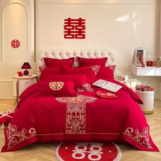 A類母嬰級全純棉婚慶四件套 大紅色 中式刺繡 床單 被套 結婚床上用品, 新婚富貴【母嬰級-a類裸睡】,1.5m床單款四件套【被套200*230】【