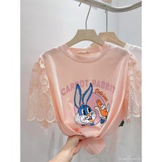 扉娜VINASHOP 卡通兔蕾絲拼接棉T，柔軟舒適，可愛甜美風，圓領設計，方便穿脫