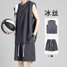 運動背心套裝男士夏季薄款冰絲速乾無袖t卹休閒坎肩
