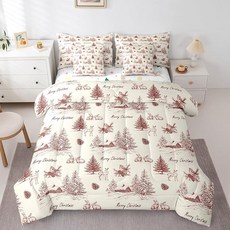 Erosebridal 크리스마스 이불 세트 7피스 퀸 사이즈 빈티지 윈터랜드 침대 어린이 성인용 트리 순록 프린트 침구 세트 포함 레드 크림 시트