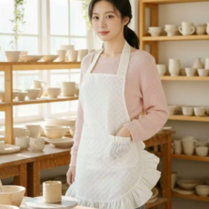 방수 프릴 레이스 원피스 앞치마 여성, 1개, 화이트