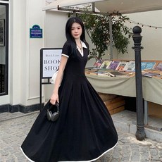 胖mm大碼女裝 撞色過膝長裙, 黑色連衣裙（休閒）,3XL 建議100.0-125.0公斤, 黑色