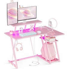 LED 조명이 있는 MOTPK 게이밍 책상 L자형 탄소 섬유 상판 모니터 스탠드 후크가 테이블 콘센트 포함 컴퓨터 너비 39.4 x 깊이 19.7 높이 29.5, 100 x 50 x 75 cm, Pink