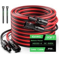 20피트 8AWG 태양광 패널 연장 케이블 베테리아 파워 8 게이지 8mm² PV 와이어 RV 태양광 시스템용 암수 방수 커넥터 포함 2개 세트, 10AWG 20FT