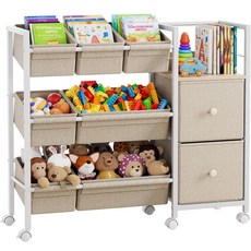 Modanais 아동용 장난감 정리함 및 보관함 - 보관함 7개 + 패브릭 서랍 2개 + 책장 1개 놀이방 보관 장난감 옷 담요 및 책용 모바일 카트 정리함 - 오프 화, 오프 화이트