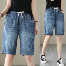 에쥬아 중년여성 밴딩 데님반바지 자수 허리스트링 5부반바지 빅사이즈 엄마바지