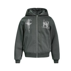 【高街復古】連帽衛衣 男式衛衣 外套 開衫 加絨加厚 寬鬆版型 荊棘印花 美式街頭 秋冬保暖 情侶可穿