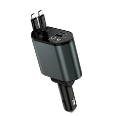 BuddhiGear 차량용 시거잭 고속충전기 4대 동시 충전 케이블 일체형 전압 디지털 디스플레이, 회색, Type C+Type C