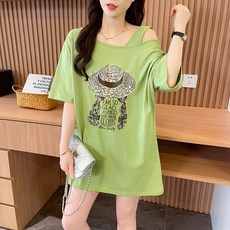 투니스 여성 패션 루즈핏 데일리 오버핏 오프숄더 프린팅 반소매 티셔츠