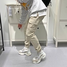 Ganbare 男款彈性半鬆緊帶工裝束口褲