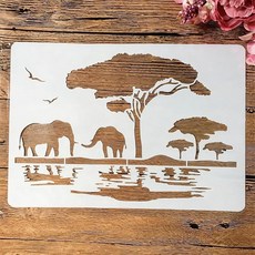 TIAMECH A4 페인팅용 재사용 가능한 아프리카 코끼리 스텐실 - 사바나 나무 레이어링 템플릿 DIY 벽 아트 목재 가구 스크랩북 및 공예품 (21.1 x 29.7cm, TIAMECH A4 페인팅용 재사용 가능한 아프리카 코