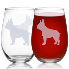 OWATRKDEY 프렌치 불독 스템리스 와인 글라스 - 2개 세트 생일 파티 및 기념일을 위한 유리 제품 프랑스 애호가를 이상적인 선물 베이스에 품종 이름 각인 449