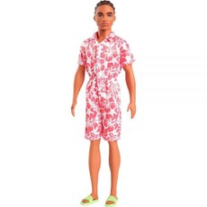 Barbie Fashi온istas 켄 인형 #235 땋은 갈색 머리 하와이안 프린트와 그린 샌들이 있는 코랄 점프수트 착용 215355, Barbie Fashi온istas 켄 인형 #235,