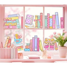 JarThenaAMCS 히피 보헤미안 책 창문 부착 영감을 주는 프린트 스티커 동기 부여 양면 유리 데칼 개학 파티 가정 교실 도서관 벽 장식 6장_165415, Pink Bow Book_165415