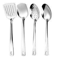 ZHEHAO 4개 스테인리스 스틸 조리 도구 세트 실버 주방 솔리드 사용 내열 슬롯형 주걱 스푼 세트 터너 포함 국자 손잡이 가능 스키머 식기세척기