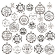 28개 생명의 꽃 합금 패션펜던트 DIY 악세사리 귀걸이 목걸이 키링 부자재 25~48.5x20~41x2~4mm 구멍: 2~4mm, 은색
