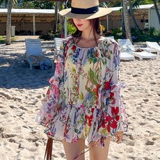 [판매중지][44~77자체제작] 비키비키 델루아 비치 블라우스 커버업 쉬폰 루즈핏 박스 롱 비키니상의 여자 여름 체형커버 빅사이즈 플라워 스트랩 비치웨어