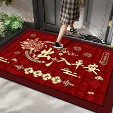 水晶絨 加厚防滑門口地墊 恭喜發財紅框繁花, 1個, 出入平安紅框繁花,50*80釐米水晶絨加厚防滑, 出入平安, 紅框繁花