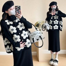 임산부 세트 가을 겨울 여성 캐주얼 임부복 루즈핏 반폴라 니트 원피스 + 큐빅 라운드 민소매 코트 기질 도톰 임부 투피스 세트 CY