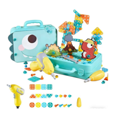 兒童工具箱 玩具全套 diy拚裝 擰螺絲釘 兒童玩具 益智手 電鑽組裝 玩具拆卸 兒童拼裝玩具 玩具工具 生日禮, 1套, 充電【恐龍】373件+電鑽