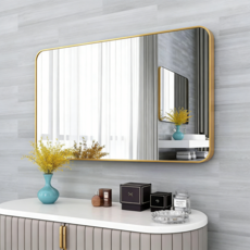 圓角長方形鏡子 浴室鏡子 無銅鏡 衛浴鏡子 廁所鏡子 化妝鏡 高清方鏡, 金0
