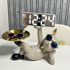 플랜와이 불독 LED 시계 인테리어 트레이 악세사리 소품 보관함 집들이 선물, 카키