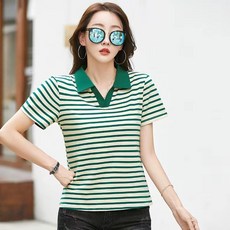 NEW 소프트 프리미엄 여성 골프 폴로 반팔 브이넥 티셔츠 줄무늬 여름티