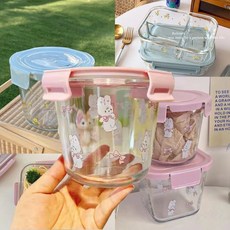 玻璃飯盒 加熱 微波爐專用 分隔餐盒 帶蓋 便當盒, 1個, 小白兔-700cc