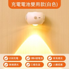 人體感應燈 無線落日燈 過道樓道走廊入戶牆壁燈 充電池式小夜燈 迷你網紅燈, 充電電池雙用  三色光 白殼, 1個