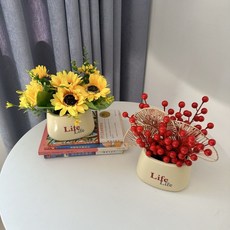 客廳花架北歐風向日葵仿真盆栽，桌面假花擺件，臺灣出貨, 【向日葵+紅果果】2盆裝丨, 1個